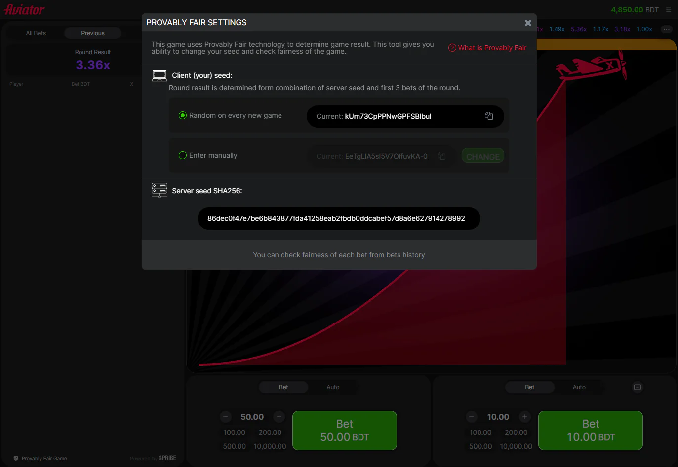 Screenshot of Aviator game honesty test